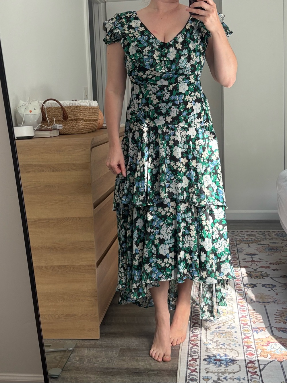 Floral Ruffle V-Neck Maxi Dress - Green Floral